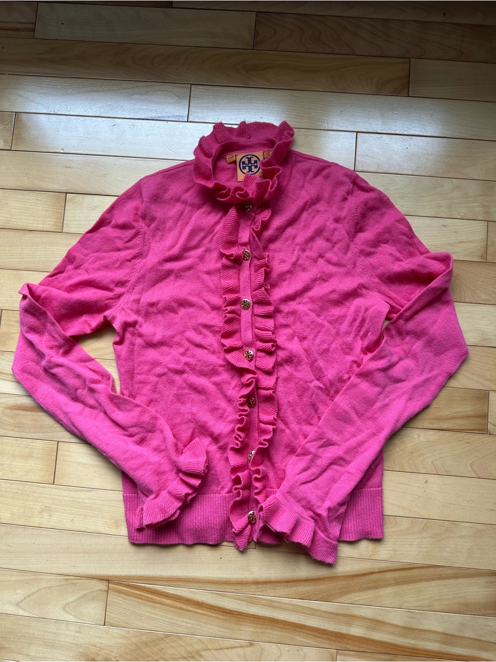 Tory Burch Hot Pink Ruffle-Trim Knit Cardigan XS